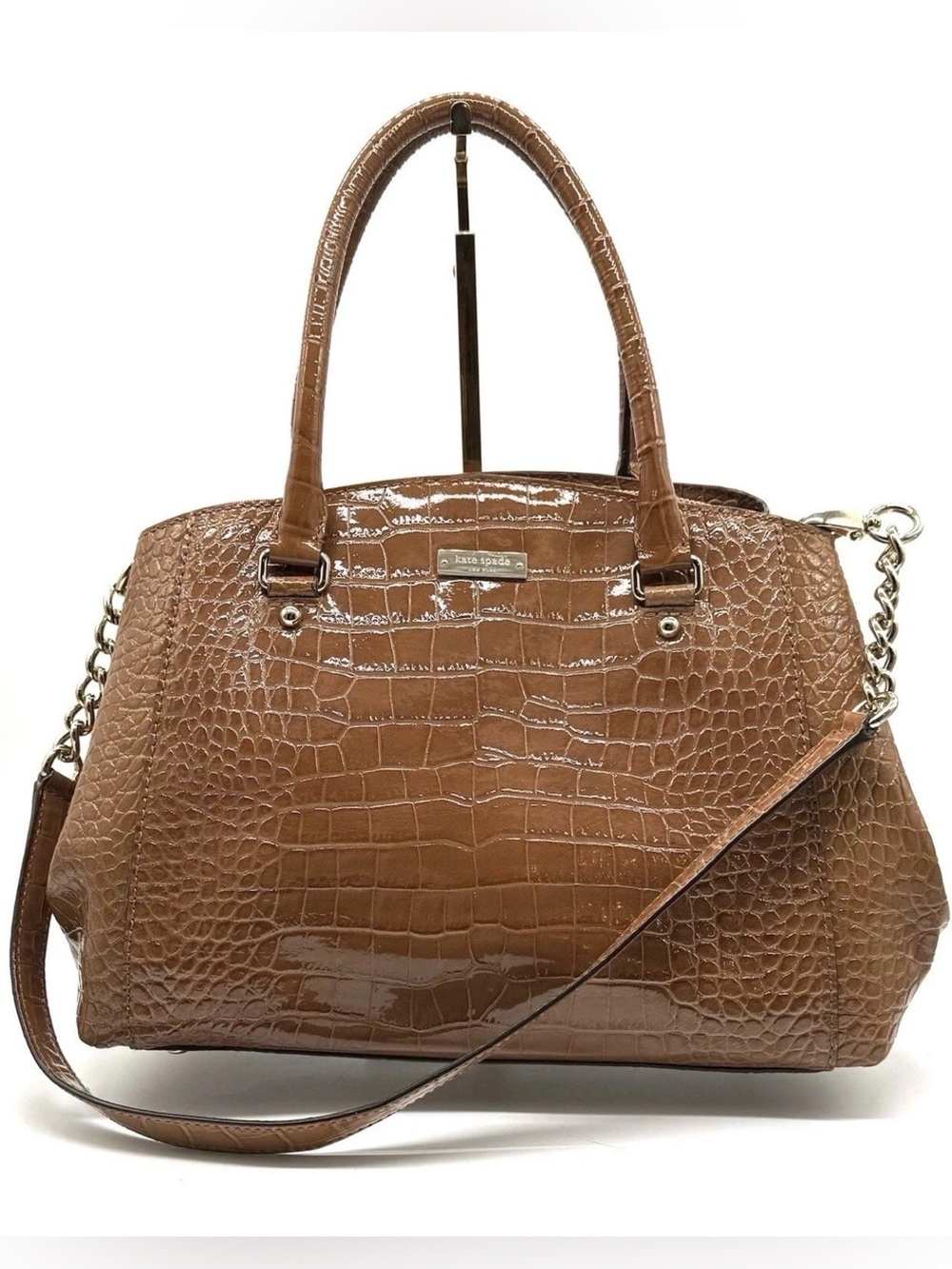 Kate Spade Sloan Croc Embossed Satchel Caramel Patent Leather Bag